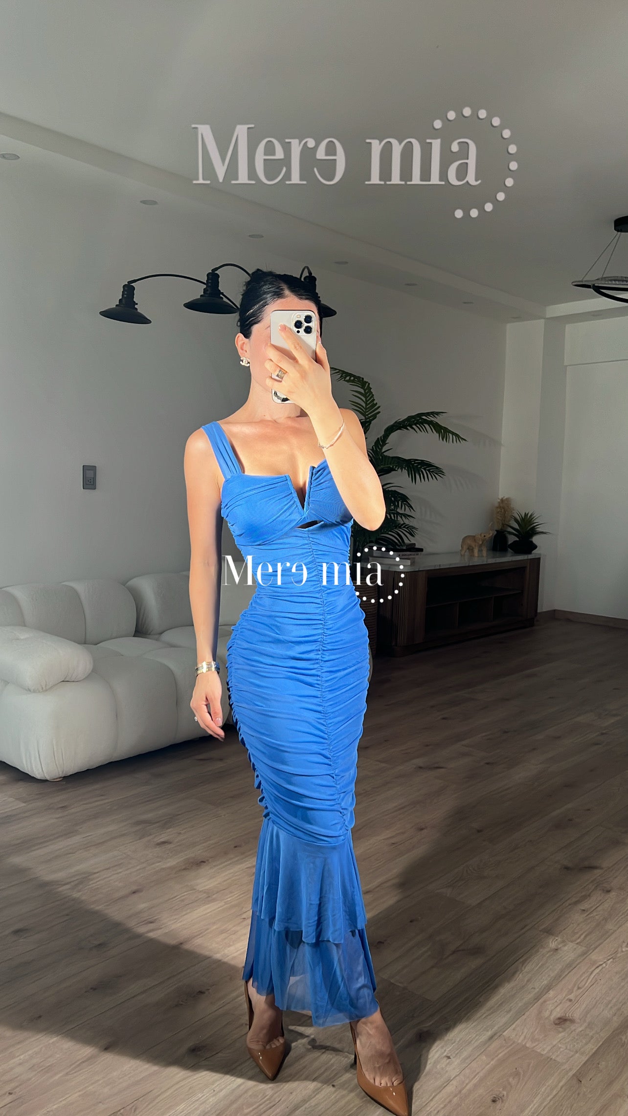 Vestido azul plisado largo