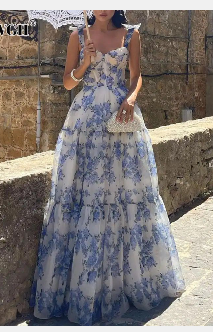 Vestido blanco azul largo