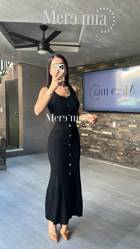 Vestido negro escote U rayado