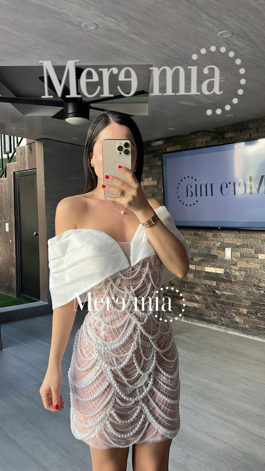 Vestido nude perlas tul