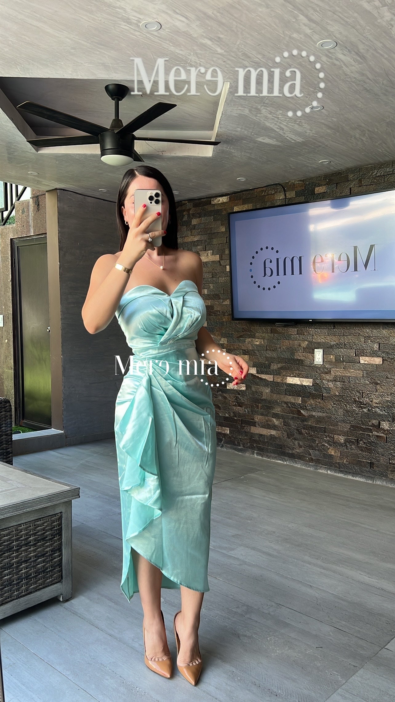 Vestido aqua satin strapless