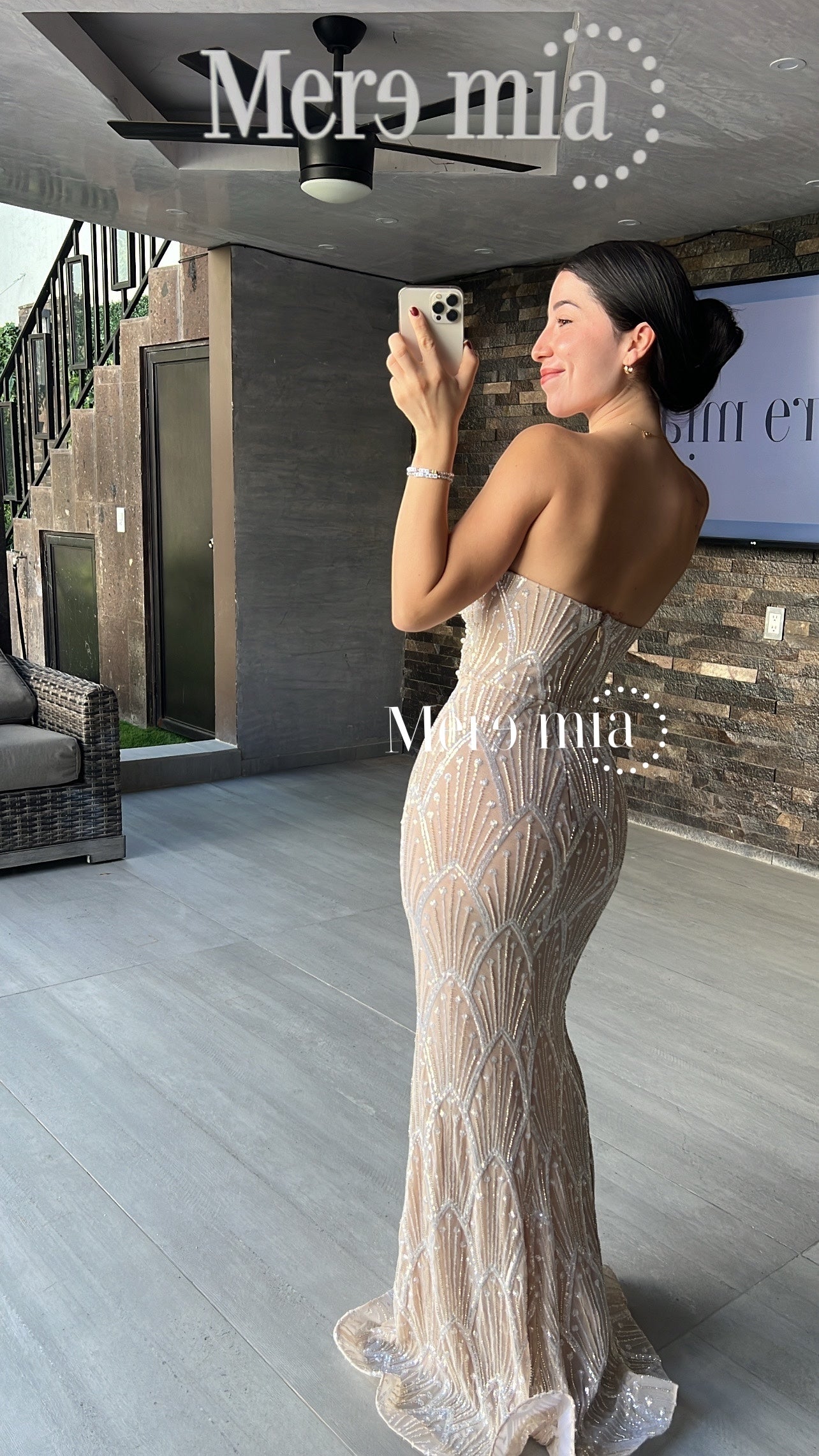 Vestido nude plata perlas