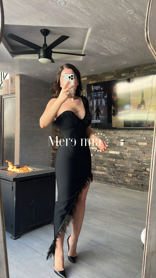 Vestido negro de plumas